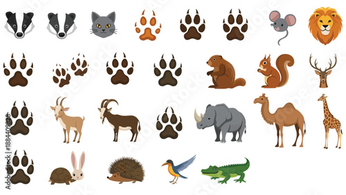 Comprehensive animal icons set featuring animal faces paired with their specific footprints and paw print marks.