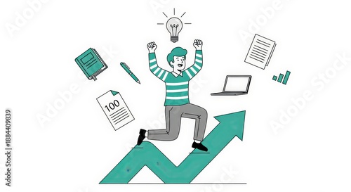 Person Jumping on Green Arrow with Ideas and Tools Representing Success and Growth