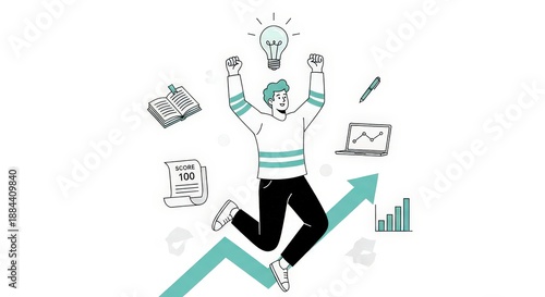 Happy Person Celebrating Success with Chart Growth and Creative Elements