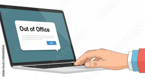 Hand typing on laptop showing Out of Office message, representing remote work, vacation, or absence from work.