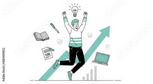 Person Celebrating Success with Ideas and Growth Concepts in a Minimalistic Style