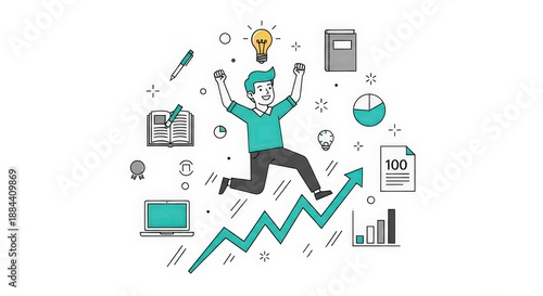 Person Celebrating Success with Growth Chart and Learning Elements in Flat Design