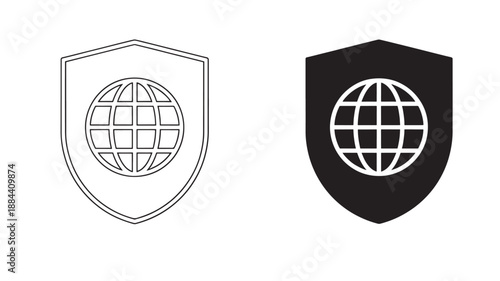 Global security shield icon set line and fill styles on transparent background silhouette