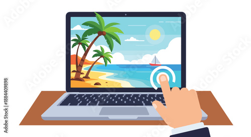 Hand touching a laptop screen displaying a tropical beach vacation scene with palm trees and a sailboat.