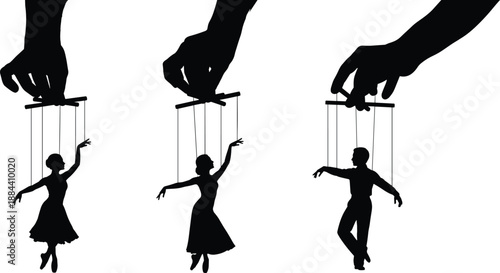 Black silhouettes of people controlled by puppeteers puppets marionettes white background