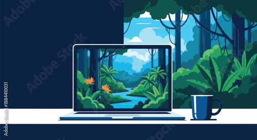 Modern laptop screen showing a beautiful, detailed illustration of a green tropical rainforest with a river, next to a coffee mug, representing digital nature and remote work.