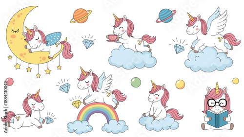 Magical unicorn collection featuring cute mythical creatures playing on clouds, rainbows, and sleeping on the moon.