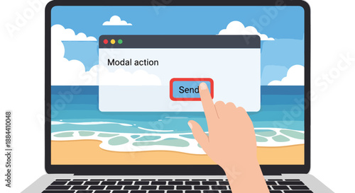 Hand clicking 'Send' button on laptop screen, displaying modal window over beach background. Symbolizes online communication, data submission, and digital interaction.