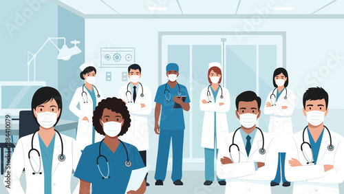 Group of professional doctors and nurses wearing protective face masks and white medical uniforms in a hospital clinic.