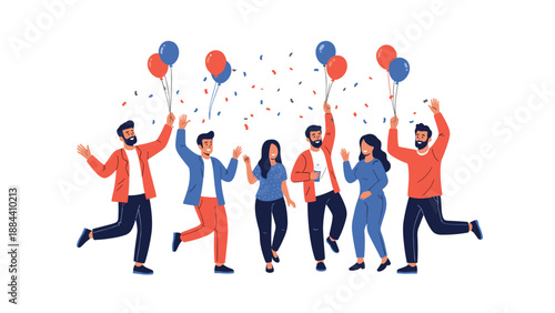 Group of happy young people jumping and celebrating with colorful balloons and confetti during a festive party.