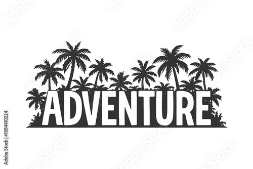 Vintage black silhouette vector badge design for adventure travel featuring tropical palm trees and a sunset horizon in a minimalist circular frame.