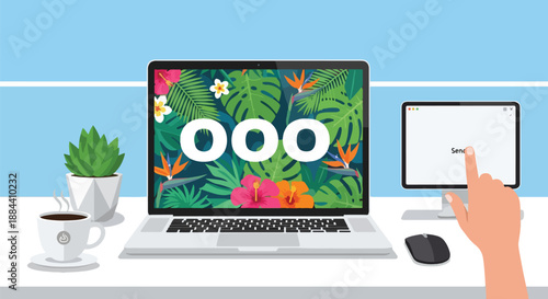 "Out of Office" automatic reply on laptop screen with tropical background, symbolizing vacation mode and digital detox in a modern workspace.