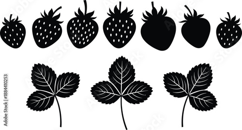 Black silhouettes of strawberries and leaves on white background fruit 1