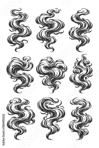Detailed hand drawn line art vector illustration set of decorative smoke swirls steam clouds and curling vapor trails on a clean white background.