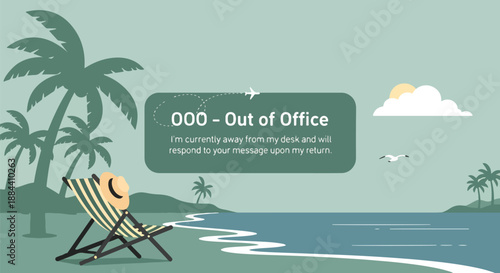 Out of Office auto-reply email template featuring a serene beach vacation scene. Perfect for holiday messages, work absence, and digital detox.