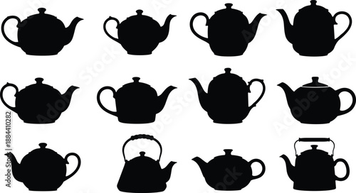 Black silhouettes of various teapots on white background tea pots kettle