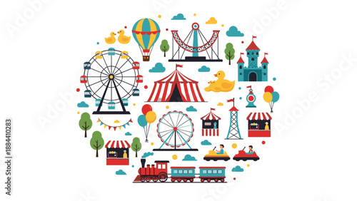 Circular collection of amusement park and carnival icons including a ferris wheel, roller coaster, circus tent, and train.