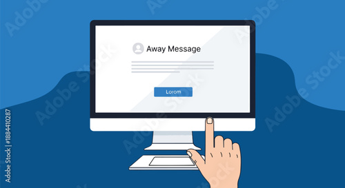 Hand pointing at a desktop computer monitor displaying an 'Away Message' screen, indicating online status or unavailability in a digital communication context.