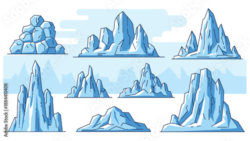 Set of floating icebergs and icy mountain peaks in an arctic landscape with various jagged shapes and sizes.
