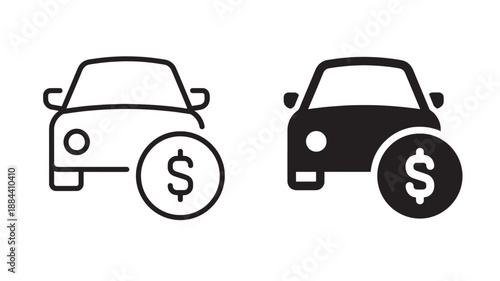 Car and money icon set with outline and fill on transparent background silhouette