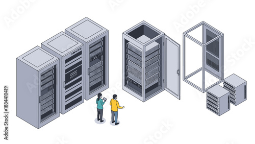 Isometric scene of data center technicians standing in a server room performing maintenance on large computer rack units.