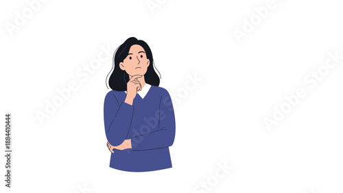 Thoughtful young woman in blue sweater standing and thinking deeply about a problem with hand on chin against white background.