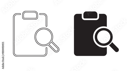 Two clipboard icons with magnifying glass outline and solid styles on transparent background silhouette
