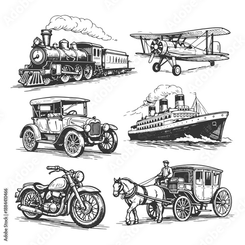 Elegant hand drawn line art vector illustration set of historical transportation featuring a steam train biplane ocean liner classic car and carriage.