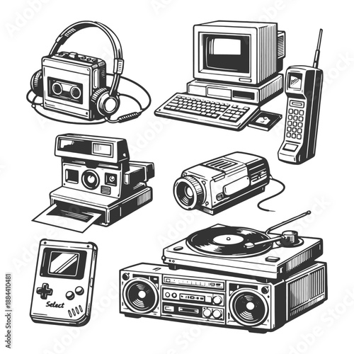 Nostalgic hand drawn line art vector illustration set of retro technology gadgets including a walkman polaroid camera boombox turntable and old computer.
