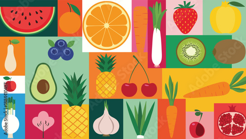 Colorful grid of various fresh fruits and vegetables including watermelon, orange, strawberry, avocado, pineapple, cherry, and carrot.