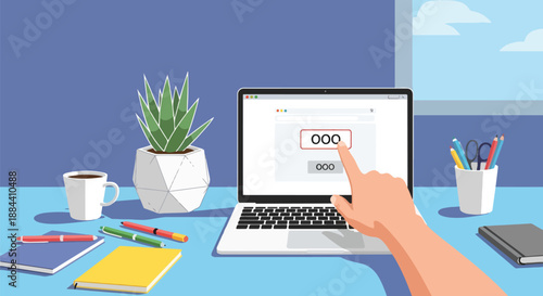 Hand typing password on laptop screen at office desk with coffee, plant, and notebooks, cybersecurity concept