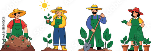 Cartoon gardeners planting and tending to plants gardening