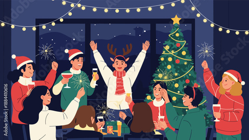 Group of cheerful friends celebrating a Christmas party together with drinks, sparklers, and a decorated tree in a cozy room.