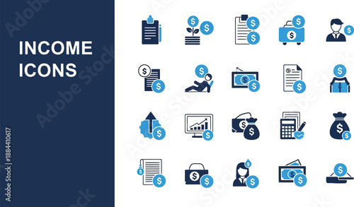 Collection of blue and black finance related icons representing various concepts of income investment and taxation for business presentations