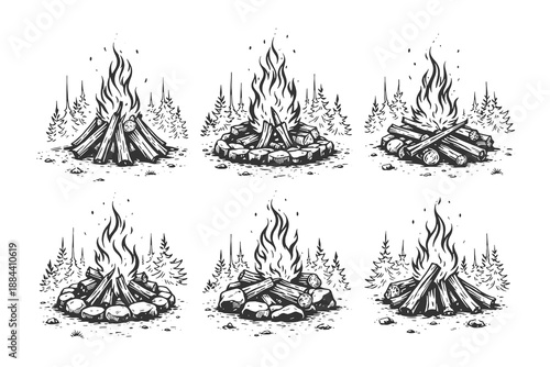 Title: Vintage hand drawn line art vector illustration set of various campfire and bonfire arrangements featuring burning wood logs and glowing flames in nature.