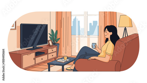 Relaxed woman sitting on a comfortable sofa and watching television in a cozy living room while holding a cup of hot coffee.