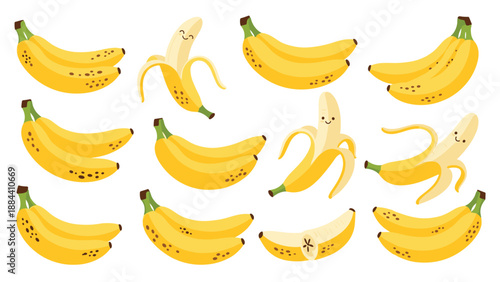 Set of cute banana characters with smiling faces along with several bunches and slices of ripe yellow fruit on white background.