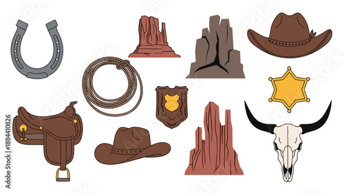Traditional Wild West icons featuring a cowboy hat, sheriff badge, horseshoe, lasso rope, saddle, and desert canyon mountains.