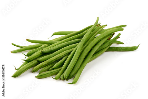 Fresh, green string beans with smooth surfaces, isolated on white background for healthy eating visuals