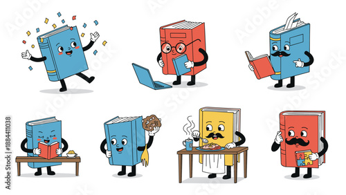 Fun set of anthropomorphic book characters engaged in activities like reading, eating, solving puzzles, and celebrating with confetti.