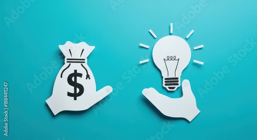 Creative Concept of Money and Innovation with Hands on Blue Background