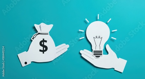 Hands Offering Money and Light Bulb on Turquoise Background for Financial Concept