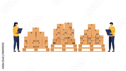 Warehouse logistics scene with workers checking inventory of cardboard boxes stacked on wooden pallets for shipping and delivery.