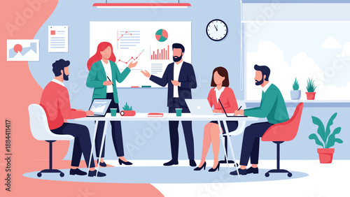 Group of business professionals having a meeting in a bright office with charts, laptops, and a presentation on a white board.