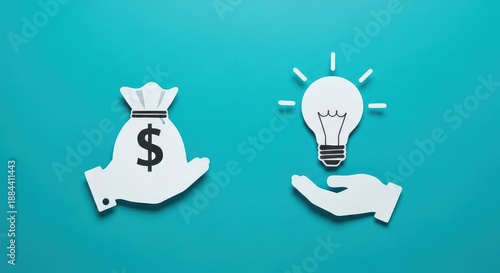 Hands Holding Money Bag and Light Bulb Illustrating Wealth and Ideas Concept