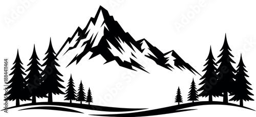 Black Silhouette Mountains and Fir Trees Vector Illustration Featuring Camping and Adventure Panorama