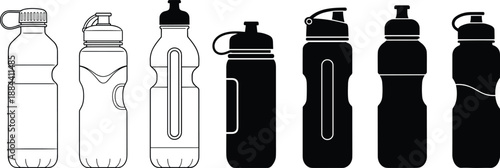 Collection of black and white outline and silhouette water bottles drink bottle sports bottle