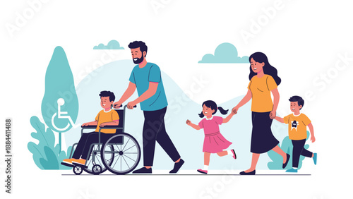 Cheerful diverse family with parents and three children including a boy in a wheelchair walking together in an outdoor park.