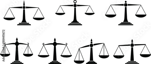 Collection of black balance scales on white background scales of justice weighing