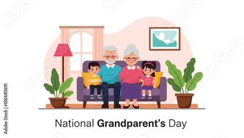 Happy grandparents sitting on a sofa with their grandson and granddaughter celebrating National Grandparents Day in a living room.